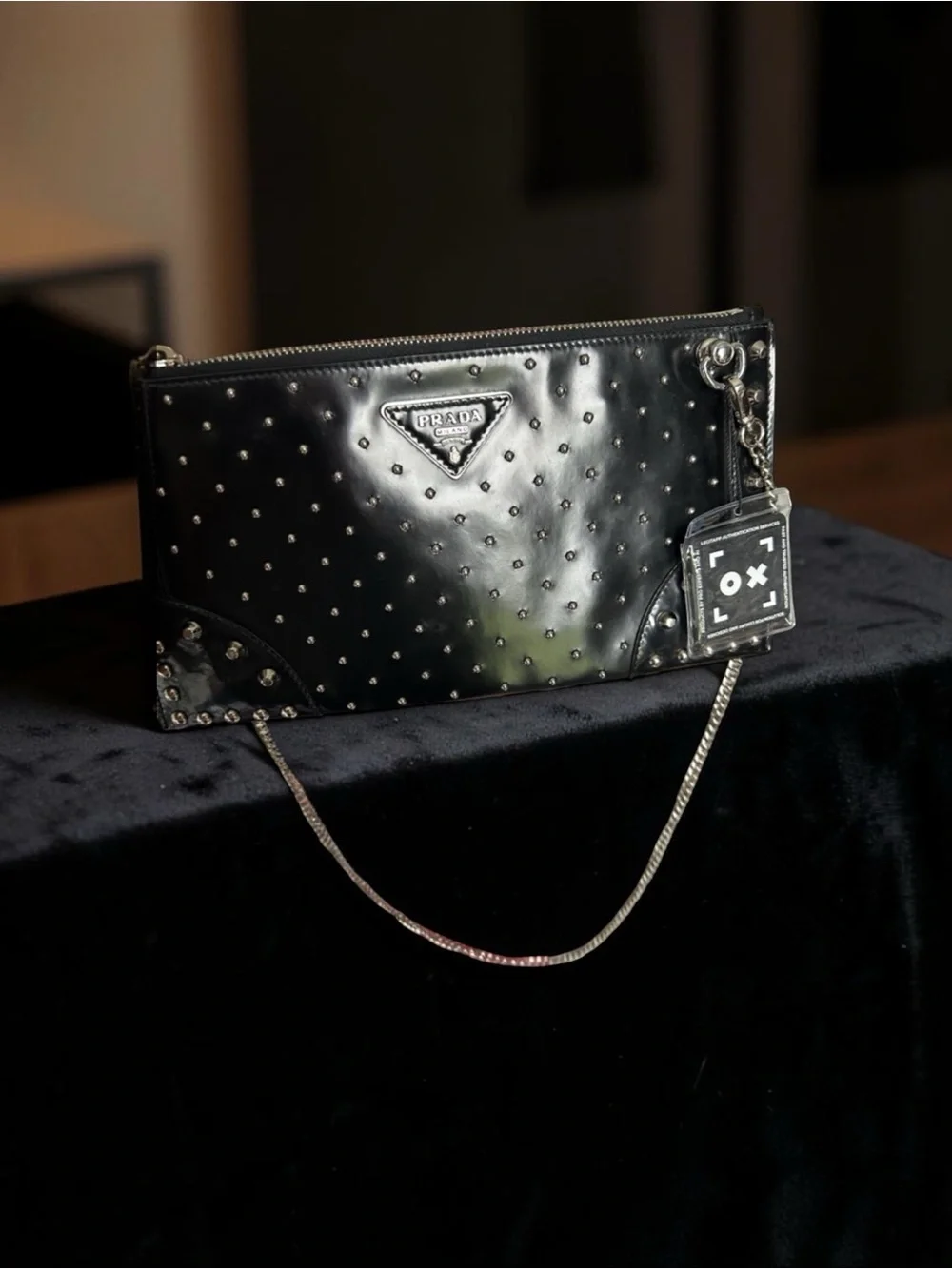 Prada Studded Leather Pochette Crossbody Bag Black Silver Studs Chain Strap